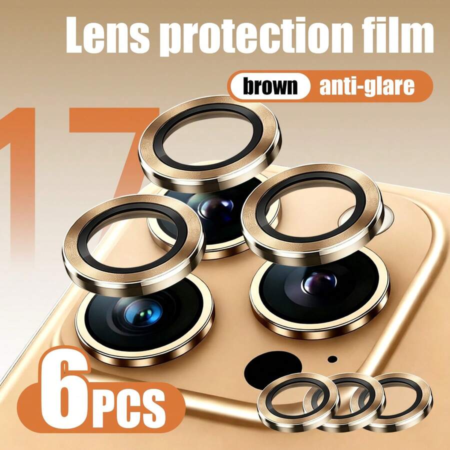 6pcs Phone 17 Pro/17 Pro Max Lens Protector, High-Definition Tempered Glass With Metal Lens Protection Ring, Brown Fashion Color, Durable Phone Camera Protection Accessory - Brown - View 1