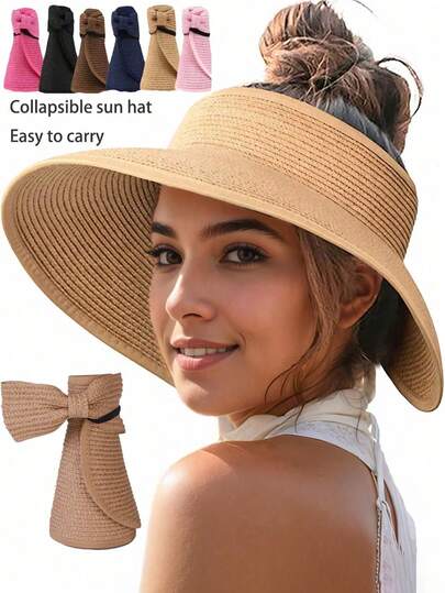 Chapeau de paille à sommet ouvert réglable, nouveau chapeau de soleil unisexe à large bord pliable avec protection UV pour l'été, style bohème vintage élégant et polyvalent pour la rue, tissu en polyester, printemps automne été