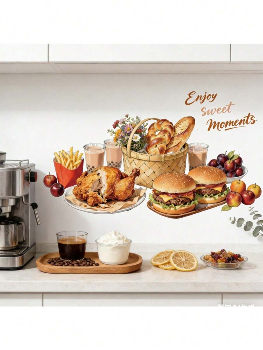 1PC American Fried Food Kitchen Living Room Dining Room Wall Sticker, Fun Cooking Theme, PVC Material, Self-Adhesive Home Decor, Self-Adhesive Narrative Cooking Art, Quick Replacement, Fun Eye-Catching Decoration - 30-60CM - View 1