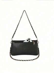 Black Flap Chain Shoulder Bag With Double Zipper Design. An Elegant And Simple Shoulder Bag Suitable For Work And Dates. - Black - View 4