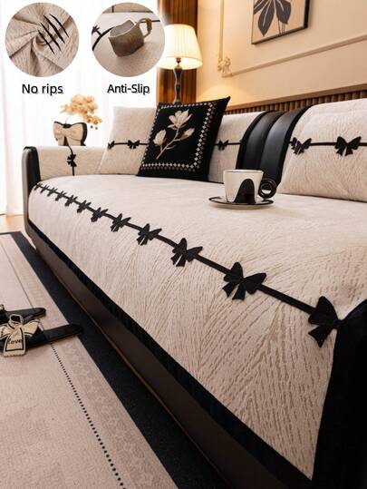 1pc European Fresh Asymmetrical Sofa Cushion, Bow Trim Inlay, Chenille Textured Sofa Cushion, Light Luxury Minimalist Sofa Cover, Protect Sofa, Anti-Slip Anti-Dust Anti-Cat Scratch, Pet Friendly, Decorate Sofa, All Season, Bohemian, Suitable For Bedroom Living Room Office Study, Machine Washable, Universal Sofa Cover, Sofa Cover, Couch Cover