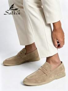 Salkin 奢華時尚設計師男士樂福鞋 錢幣式一腳蹬 柔軟仿麂皮素食皮革休閒鞋 莫卡辛鞋 極簡商務正裝鞋 男士舒適日常辦公派對婚禮鞋 情侶約會浪漫晚餐度假禮物 返校學生鞋 學院風，請選擇大一號 - 卡其色 - 查看 10