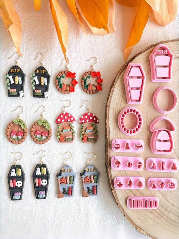 1/11Pcs Halloween Fall Theme Polymer Clay Cutters, Coffin Tombstone Mushroom Wreath Mold For Spooky Earring DIY Jewelry Crafts
