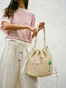 Dedoo 女款水桶斜挎包，火烈鳥與棕櫚樹刺繡草編抽繩手提包，雙肩帶波希米亞風沙灘包，適合夏季度假女性 - 杏色 - 查看 3