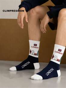 Calcetines de media caña de algodón puro para hombre CLIMPRESSION, con estampado de eslogan deportivo, puño a rayas, calcetines deportivos casuales para la temporada de regreso a la escuela - Azul Marino - Ver 3