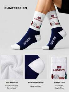 Calcetines de media caña de algodón puro para hombre CLIMPRESSION, con estampado de eslogan deportivo, puño a rayas, calcetines deportivos casuales para la temporada de regreso a la escuela - Azul Marino - Ver 4