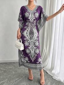 Middle Eastern Arabic Tie-Dye Colorblock Loose V-Neck Casual 2-In-1 Elastic Slimming Vacation Short Sleeve Long Maxi Dress Cover-Up Robe Fall - Violet Purple - View 3