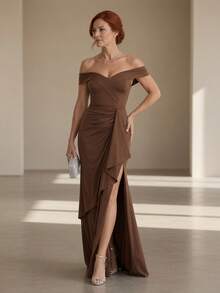 Long Emerald Green Dress In Blue, Green, Red, Marsala, Rose, Olive + Colors For Bridesmaids, Graduates, And Guests. One-Shoulder Design With Flowing Cups, Fits Sizes 36 To 42. - 鏽棕色 - 查看 1