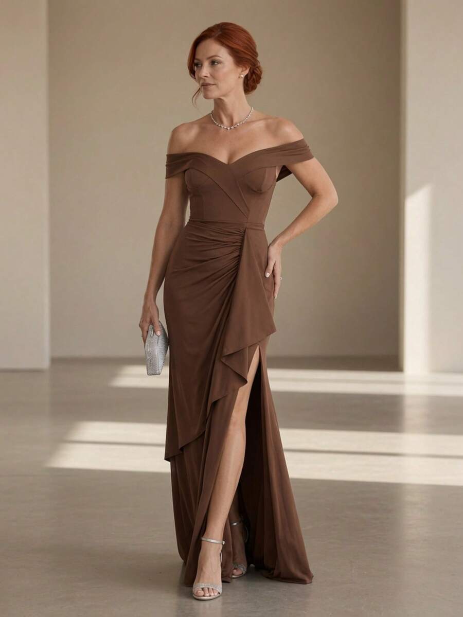 Long Emerald Green Dress In Blue, Green, Red, Marsala, Rose, Olive + Colors For Bridesmaids, Graduates, And Guests. One-Shoulder Design With Flowing Cups, Fits Sizes 36 To 42. - 鏽棕色 - 查看 1