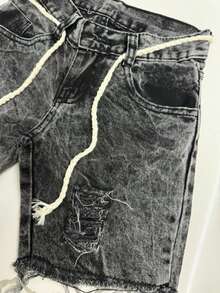 Shorts Bermuda Jeans Infantil Juvenil Rasgado com cordão Grafite Marmorizada Premium - Lavagem escura - Visão 3