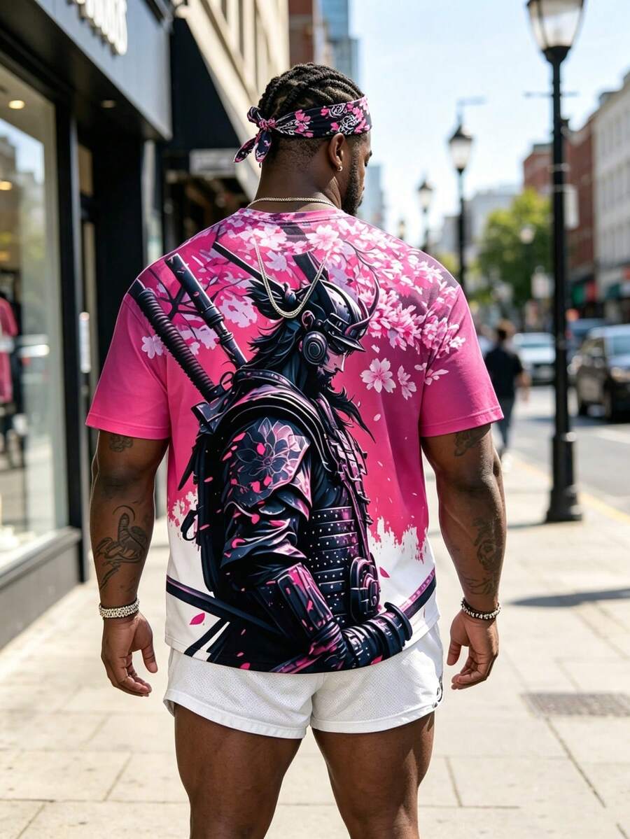 Summer Plus Size 3D Digital Print Japanese Samurai Graphic Men T-Shirt, Retro Style - Multicolor - View 1