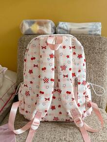 New Women's Large Capacity Star & Cherry Print College Style Backpack - Red - View 2