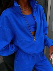 Women's Half-Zip Tracksuit, Featuring A High-Neck Loose-Fitting Sweatshirt And Wide-Leg Pants, A Stylish, Versatile,Daily Commuting And Fitness Wear - Blue - View 1