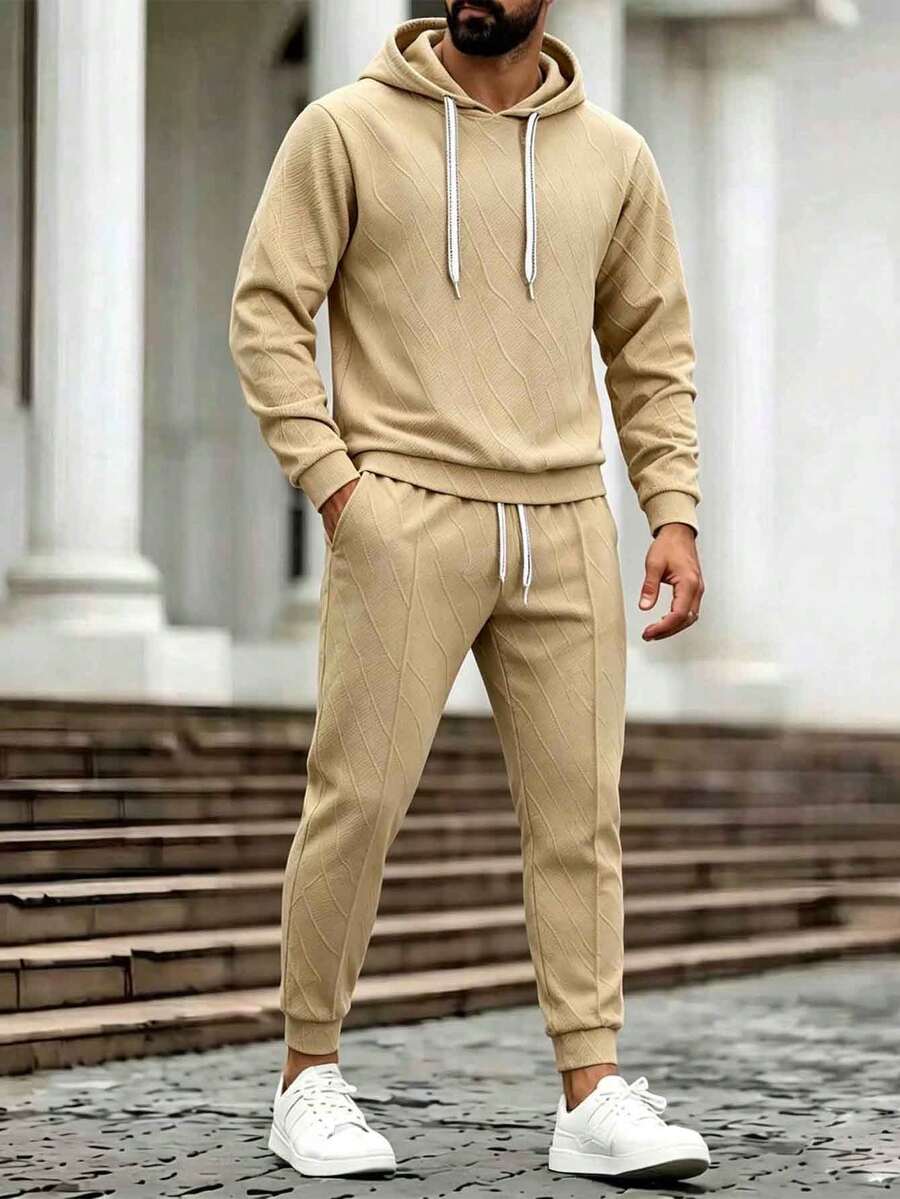 Men's Spring/Autumn Minimalist Fashion Solid Color Versatile Hooded Sweatshirt And Long Pants Set With Side Slant Pockets, Comfortable Soft Skin-Friendly Drawstring Elastic Waist For Outdoor Wear - Khaki - View 1