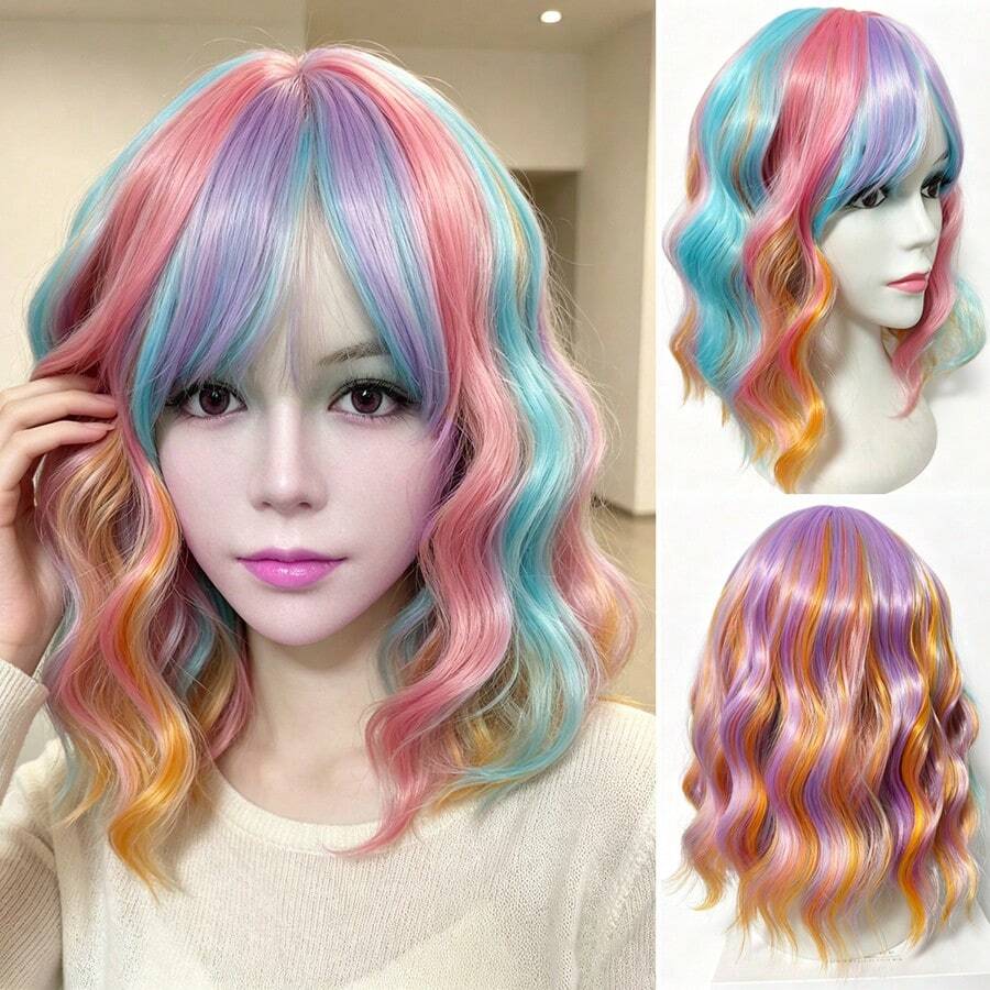 14inch Rainbow Wigs For Women Short Curly Wavy Multi Color Wig For Girls Short Bob Wig With Bangs Heat Resistant Synthetic Wigs For Cosplay Costume Party (Colorful Wig) For Halloween - Multicolor - View 1
