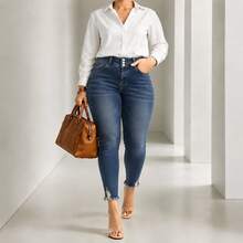 Plus Size High Waist 3-Button Slim Fit Denim Jeans, Tummy Control Stretch Blue Jeans Vacation Casual Fall - Blue - View 2