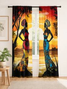 2pcs High-Definition Digital Bohemian African Exotic Print Decorative Curtains, Women Silhouette Totem Pattern Design, Polyester Material, Rod Pocket Design, Easy To Hang, Semi-Transparent Privacy Protection, Machine Washable And Hand Washable, Vintage Bohemian Living Room Bedroom Curtains, Suitable For Bedroom, Living Room, Kitchen, Closet, Study, Home Decor. - Multicolor - View 7