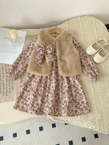 Young Girls Autumn 2pcs Set Solid Color Faux Fur Bow Sleeveless Vest + Corduroy Casual Dress - Brown - View 4