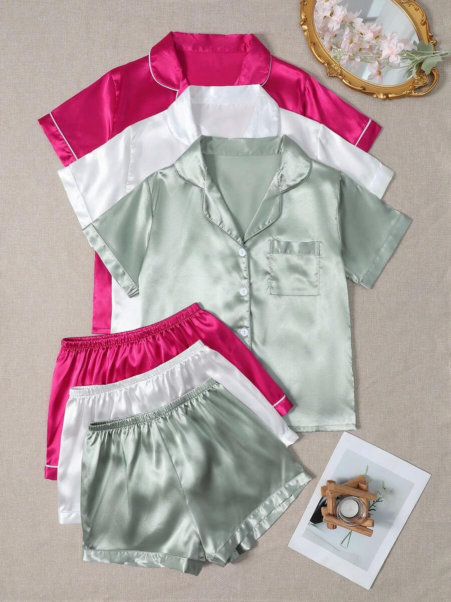 情人節多件式純色緞面女款睡衣套裝,柔軟緞面居家休閒服 - 彩色 - 查看 1