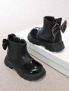 Girls' Shiny Patchwork Chelsea Ankle Boots With Chain Trim, Bowknot And Thick Sole Princess Fashion Boots - Black - View 2