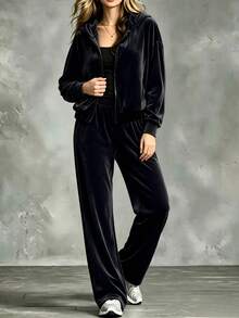 Plus Size Women, Minimalist Solid Color Casual Velvet Hooded Zip-Up Jacket + Wide Leg Pants 2-Piece Set, Loose Fit Slimming High-End Casual Outfit, Suitable For Daily Wear, Home And Commute - Black - View 4