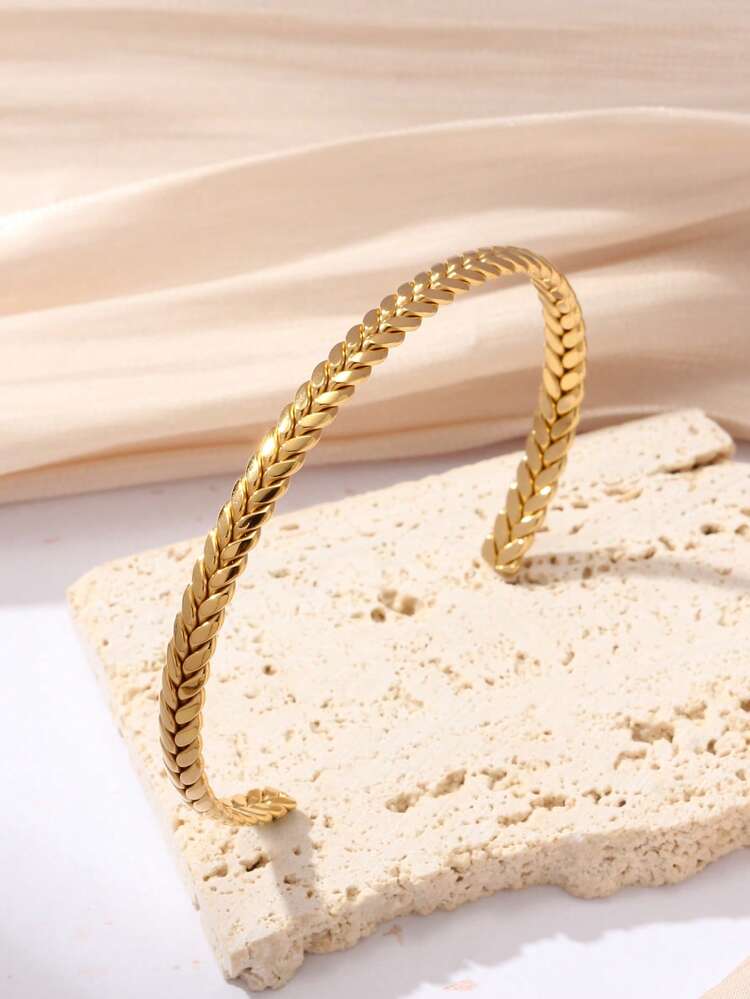 Wheat Stalk Woven Open Cuff Bracelet, 18K Gold Plated 304 Stainless Steel Adjustable Bangle, European And American Vintage Commuter Stackable Bracelet - GS261 - View 4