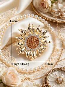 1pc Sparkly Sunflower Lapel Pin Brooch, Vintage Floral Statement Jewelry For Women Girls, Gold Brooch For Outfit Decor Party Holiday Gifting - Sunflower Type a - View 10