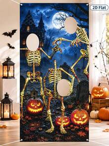1 pieza Fondo de fotografía con tema de Halloween, patrón de calavera y calabaza, marco de decoración de cabina de fotos para fiesta de Halloween, decoración de Feliz Halloween, decoración de Halloween, decoración del hogar, fiesta de dulces de Halloween, decoración de fondo para fiesta de vacaciones - multicolor - Ver 8