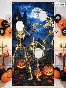 1 pieza Fondo de fotografía con tema de Halloween, patrón de calavera y calabaza, marco de decoración de cabina de fotos para fiesta de Halloween, decoración de Feliz Halloween, decoración de Halloween, decoración del hogar, fiesta de dulces de Halloween, decoración de fondo para fiesta de vacaciones - multicolor - Ver 7