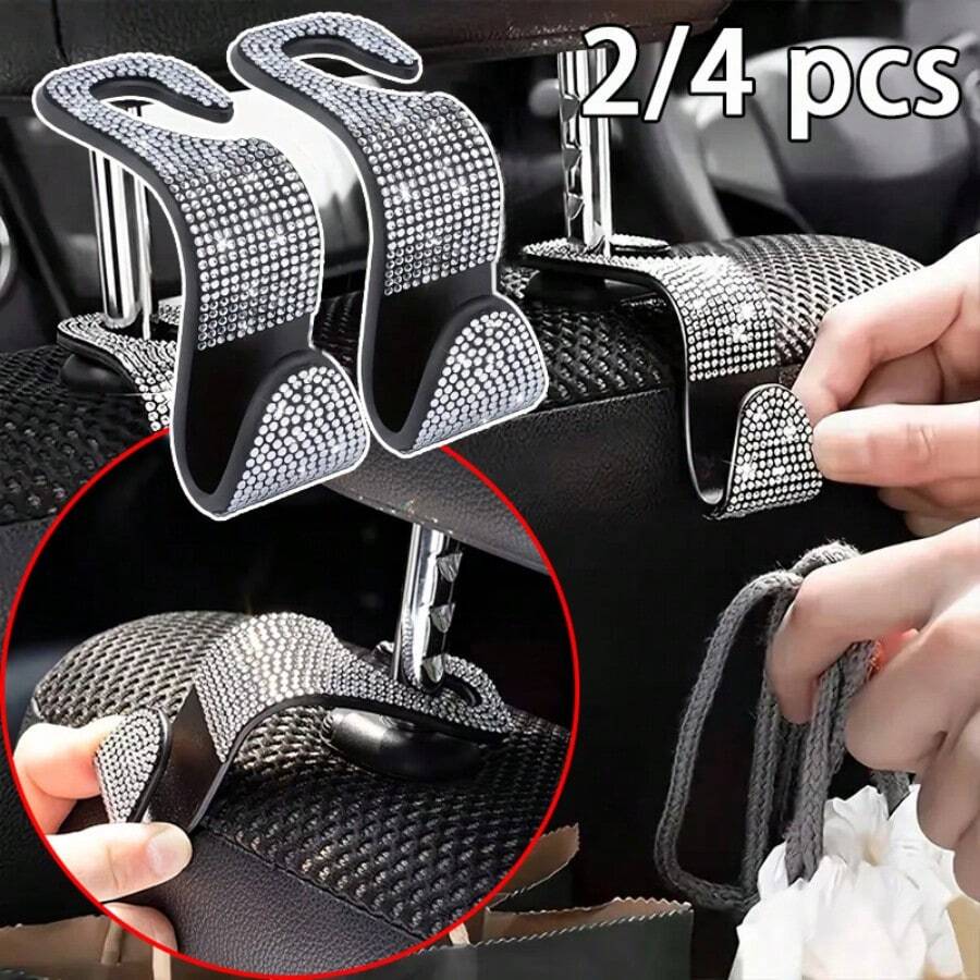 2/4pcs Car Seat Back Hooks With Rhinestones, Shiny Crystal Texture, Interior Accessory For Women, Fits Front Seats, Storage And Decoration For Car Interior