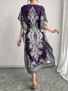 Middle Eastern Arabic Tie-Dye Colorblock Loose V-Neck Casual 2-In-1 Elastic Slimming Vacation Short Sleeve Long Maxi Dress Cover-Up Robe Fall - Violet Purple - View 6