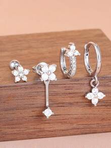 4PCS Exquisite Stainless Steel Zirconia Round Hoop Earring Set For Women Temperament Flower Ear Stud Cartilage Piercing Jewelry - 4PCS - Silver - View 3