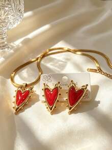 Y2K Sweet & Cool Red Enamel Heart Stainless Steel Jewelry Set, Studded Texture Heart Earrings & Snake Chain Necklace, Valentine's Day Graduation Photo Layering Set, Niche Contrast Gold Ear Studs, Independence Day Evening Candlelight Date Elegant Atmosphere Accessories - Multicolor - View 2