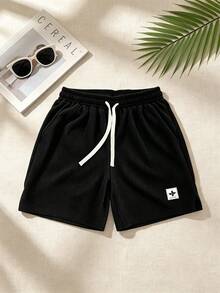 Women's American Vintage Ribbed Texture Bermuda Shorts, Beige Drawstring Elastic Waist, Practical Gift For Girlfriend And Best Friend Black - Black - View 8