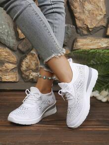 Women's Rhinestone Thick Sole Platform Shoes, Soft Bottom Lightweight Knit Mesh Sneakers, Height-Increasing Slimming Fashion Casual Loafers For Petite Women - White - View 5