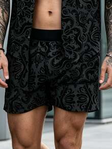 1 Set Men's Sports Casual Outfit, All-Over Print Summer Lapel Shirt And 5-Point Shorts, Streetwear Style - Black - View 6