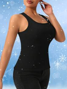 1pc Autumn/Winter Thermal Lined Thick Vest, 2-In-1 Built-In Cup Pad Brushed Ribbed Fitted Camisole - Black - View 4