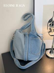 Vintage Colorblock Washed Canvas Tote Bag, Handheld & Crossbody, Cargo Style Style, Large Capacity Student Commuter Bag - Blue - View 2