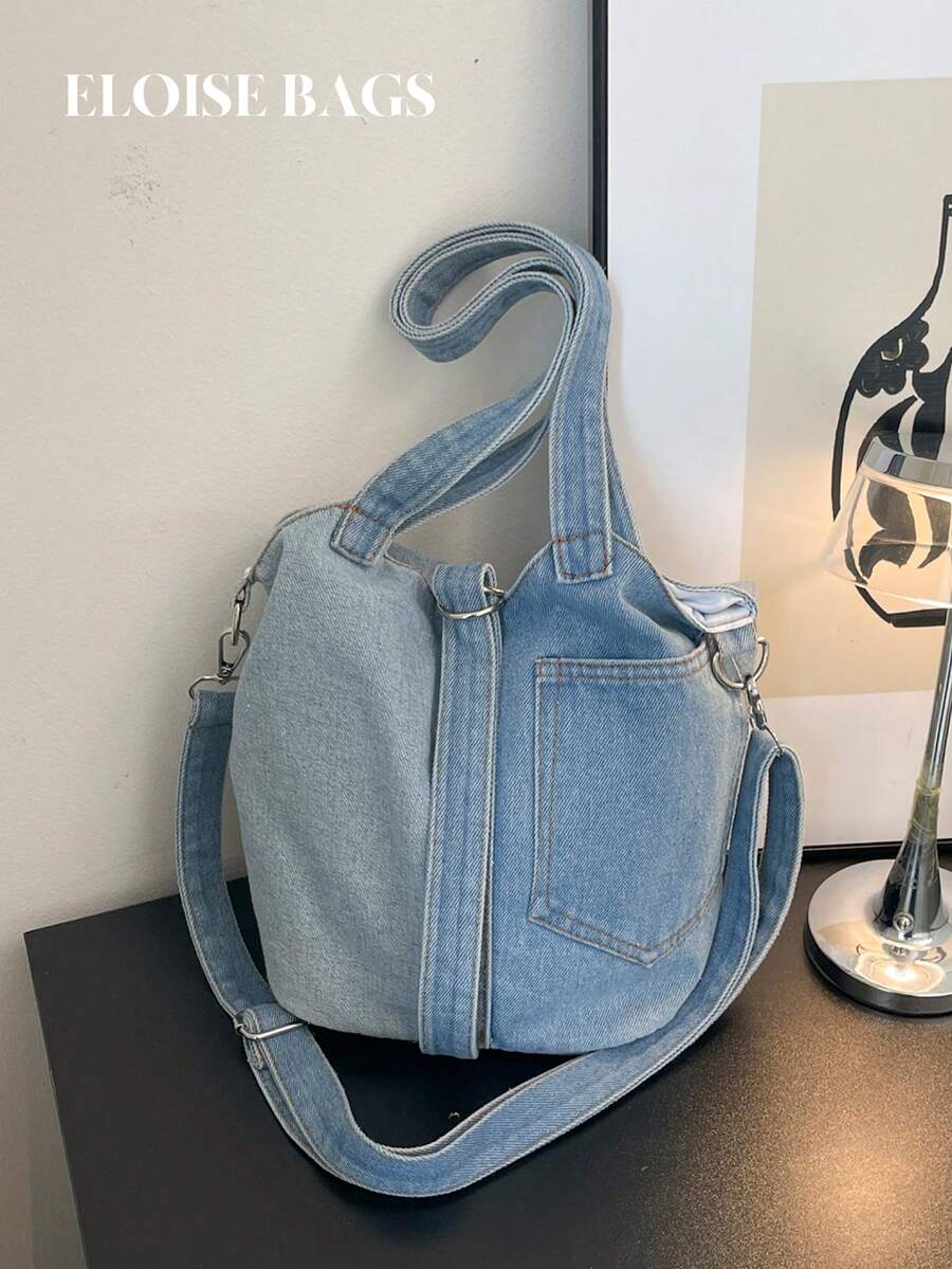 Vintage Colorblock Washed Canvas Tote Bag, Handheld & Crossbody, Cargo Style Style, Large Capacity Student Commuter Bag