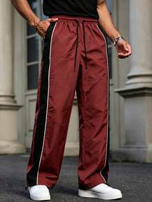 Men's Loose Fit Adjustable Hem Nylon Quick-Dry Contrast Patchwork Drawstring Waist Windbreaker Jogger Pants For Fitness And Streetwear Sports - Burgundy - View 4