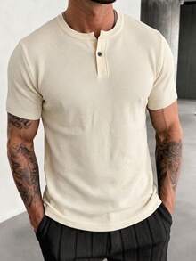 ZYNTH BALENO Men's Summer Fashion Slim Fit Regular Shoulder Henley Collar Short Sleeve Sweater, Essential For Summer Sports - Apricot - View 6