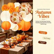 16pcs Of Hanging Maple Leaf Paper Lanterns And Paper Flower Balls For Party Decoration, Suitable For Thanksgiving, Autumn Anniversary Parties, Birthdays, And Wedding Decorations. Available In Orange, Cream, And Bohemian Style - Multicolor - View 2