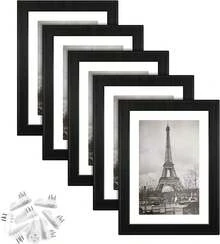 Set of 5 Black 5x7 Photo Frames, Wall or Tabletop Display, Includes Mat for 4x6 Photos - A - Ver 7