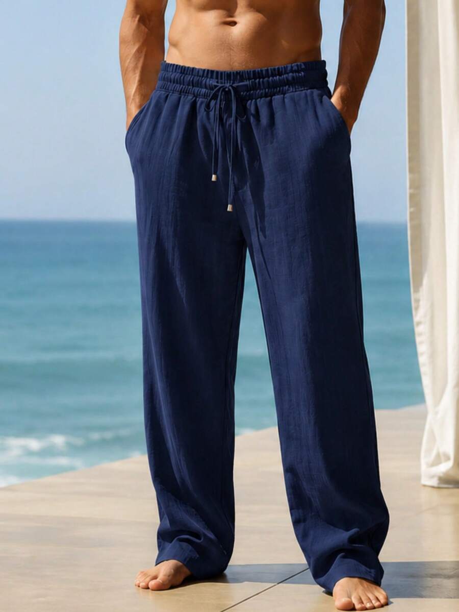 Men’s Navy Linen-Blend Casual Trousers — Lightweight Relaxed-Fit Drawstring Pants for Beachside Comfort, Vacation Style & Summer Lounging - 藏蓝色 - 查看 1