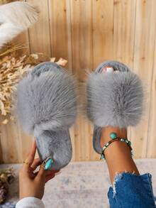 Fashionable Versatile Winter Plush Slides Women's Minimalist Open Toe Warm Slippers Solid Color Casual Home Flat Slippers - Grey - View 4