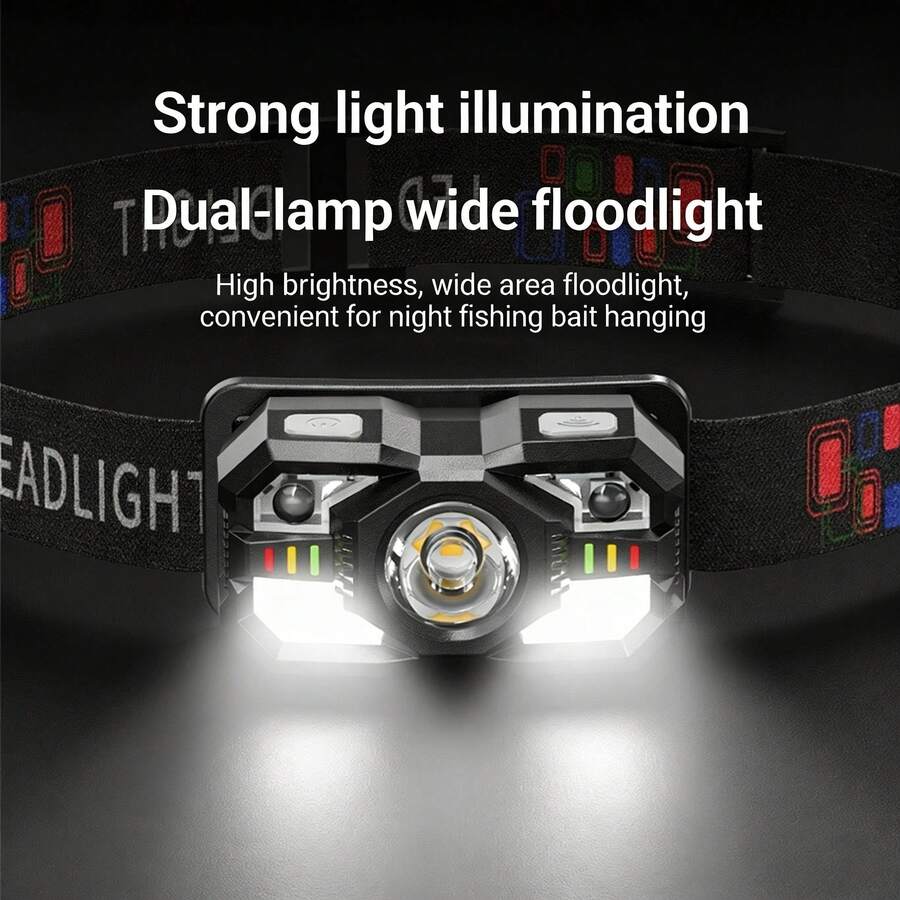 1件裝超亮LED頭燈手電筒，可充電頭燈附感應器，5種照明模式與雙開關，免持頭燈，適用露營、登山、跑步、釣魚、洞穴探險