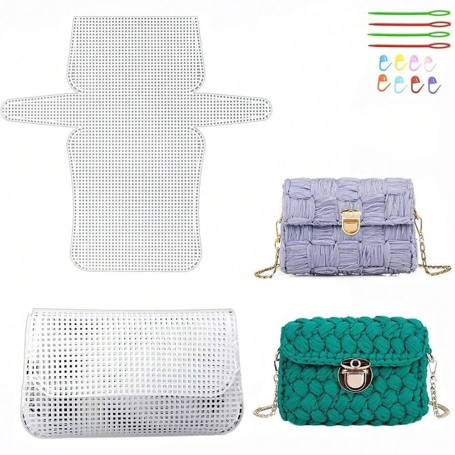 DIY Crochet Bag Kit With Plastic Mesh Canvas Sheets And Ribbon Set, Suitable For DIY Handmade Shoulder Bag, Includes Crochet Tools - Multiple Attributes - View 1