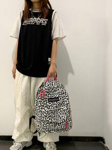 Nylon Backpack, Black And White Leopard Print, Pink Zipper And Logo Patch, Multi-Pocket Large Capacity School Bag, Y2K Style, Suitable For Teenage Girls Daily Campus Outings - Black and White - View 5