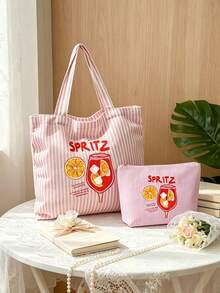 1/2pcs Striped Tote Bag And Makeup Bag, Printed With "Lemon" Pattern, Suitable For Vacation, Commute, Shopping, Gift For Family And Friends - Multicolor - View 2
