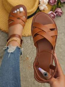 Women's Summer Woven Leather Lace-Up Flat Sandals, Ankle Strap Open Toe Slides - Brown - View 2